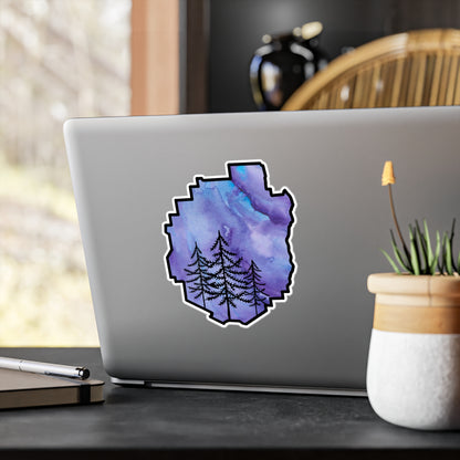 Adirondack Park Pine Tree Silhouette Vinyl Sticker – Purple Watercolor – Car, Laptop Decal