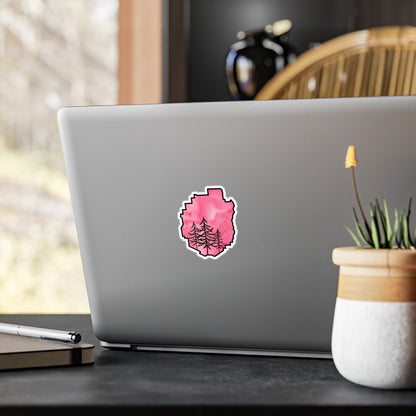 Adirondack Park Pine Tree Silhouette Vinyl Sticker – Pink Watercolor – Car, Laptop Decal